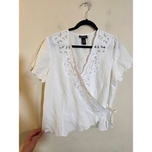 Lane Bryant White Linen Blend Embroidered Eyelet Wrap Top Blouse 14/16